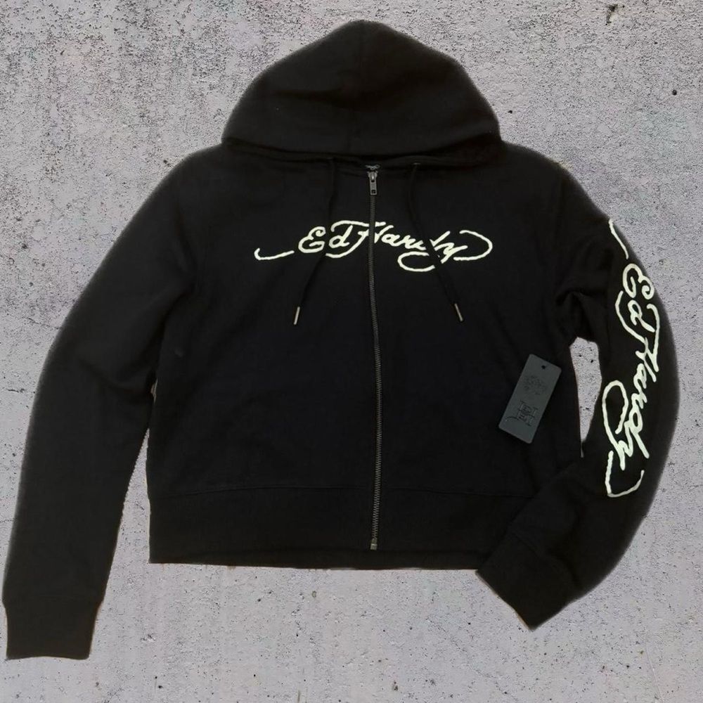 Y2K Ed Hardy Black Cropped Zip Hoodie